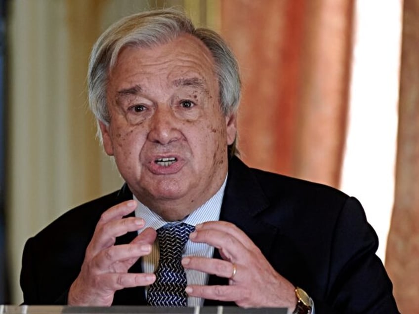 LISBON, PORTUGAL - JULY 03: The Secretary-General of the United Nations Antonio Guterres delivers closing remarks while taking part with Portuguese Minister of State and Foreign Affairs Augusto Santos Silva in the launching of the books "Portugal nas Nações Unidas: 65 Anos de Histórias", and "Portugal Multilateral", as the conclusion …