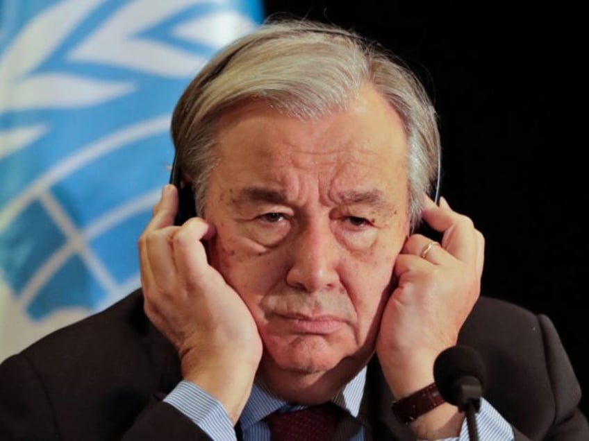 UN Secretary-General Antonio Guterres attends a press conference at the end of his visit to crisis-ridden Lebanon, in the capital Beirut on December 21, 2021. (Photo by ANWAR AMRO / AFP) (Photo by ANWAR AMRO/AFP via Getty Images)