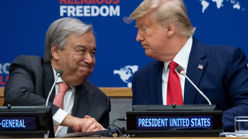 President Donald Trump shakes hands with UN Secretary General Antonio Guterres (L) as he attends a United Nations event on Religious Freedom at UN Headquarters in New York, Sept. 23, 2019, during his first term in office.  