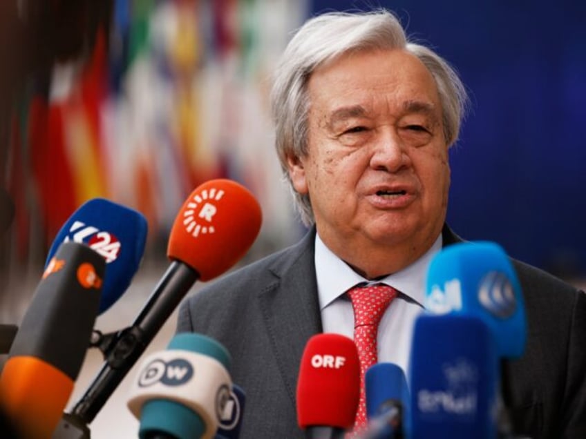 FILE - United Nations Secretary General António Guterres speaks with the media as he arri