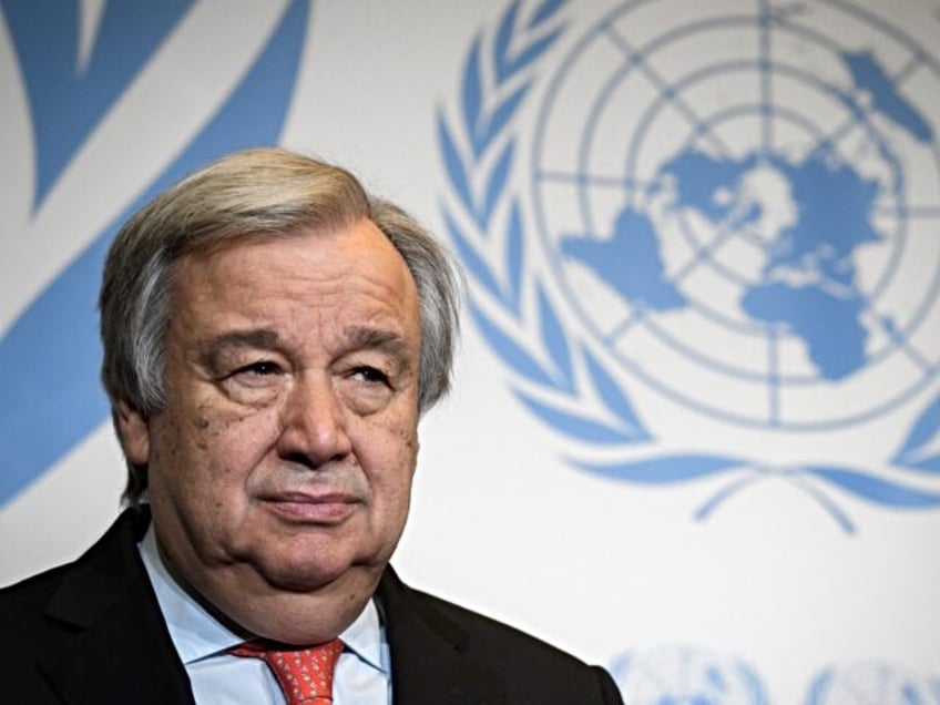 United Nations (UN) Secretary General Antonio Guterres attends a press briefing after pres