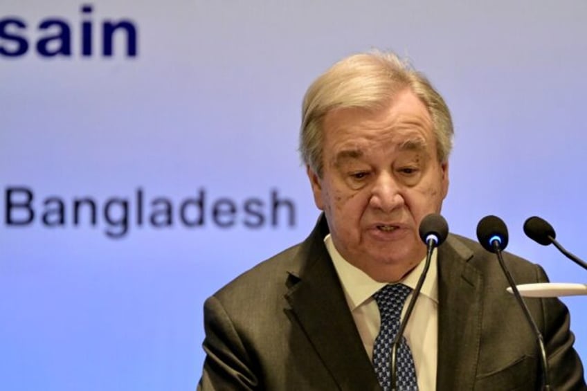 United Nations Secretary-General Antonio Guterres speaks during a press briefing in Dhaka