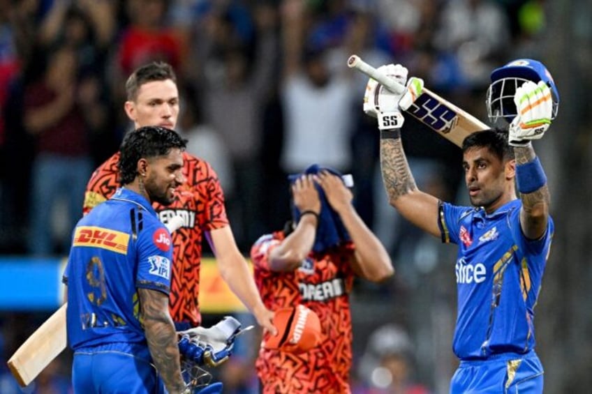 Suryakumar Yadav celebrates his century for Mumbai Indians