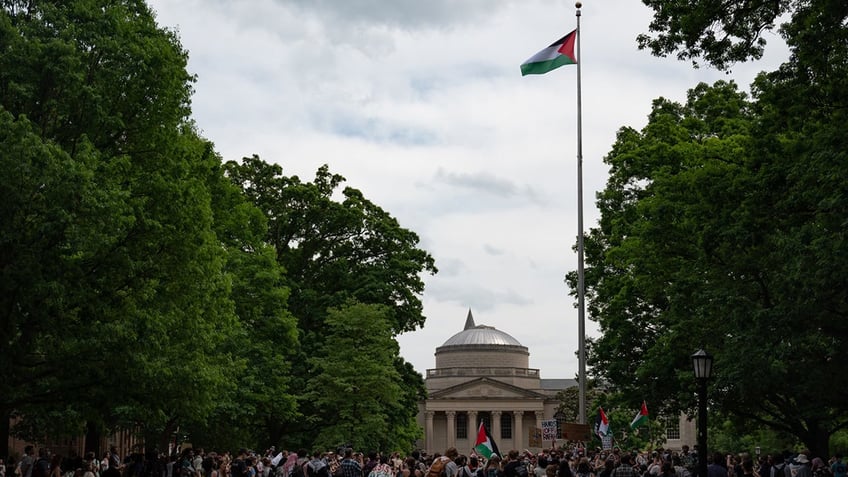 Anti-Israel protesters replace the American flag with the Palestinian flag during a demonstration at the University of North Carolina’s Chapel Hill campus