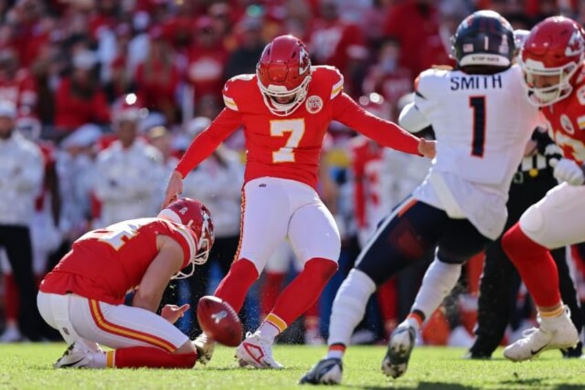 Kansas City Chiefs kicker Harrison Butker, attempting a field goal, will be sidelined for