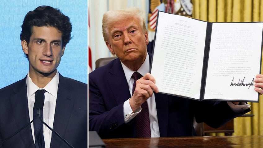 LEFT: JFK's grandson, Jack Schlossberg RIGHT: President Trump holds up a signed executive order