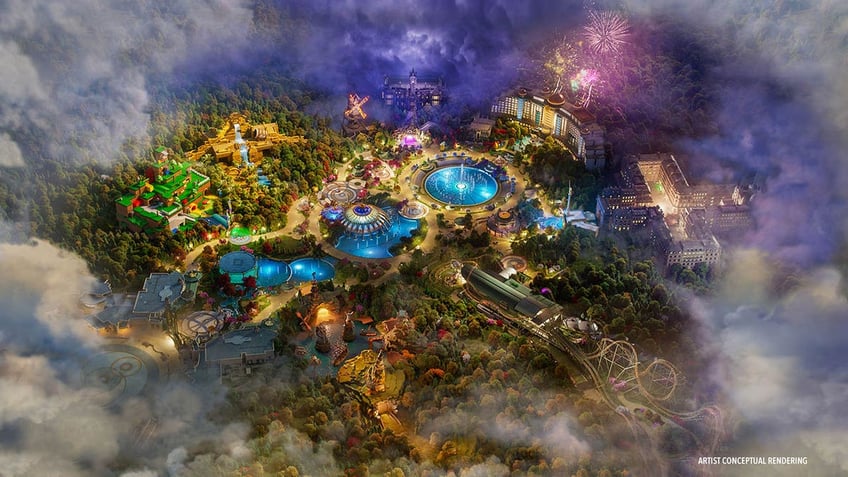 Birds eye view of Epic Universe rendering - Orlando, Florida