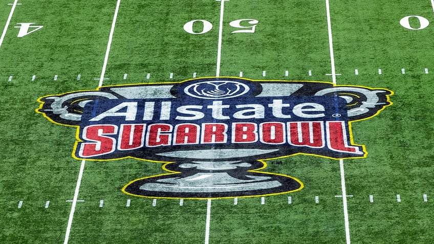 The Allstate Sugar Bowl logo at midfield during the CFP Semifinal Allstate Sugar Bowl game between the Texas Longhorns and the Washington Huskies on Jan. 1, 2024, at the Caesars Superdome in New Orleans, Louisiana. 