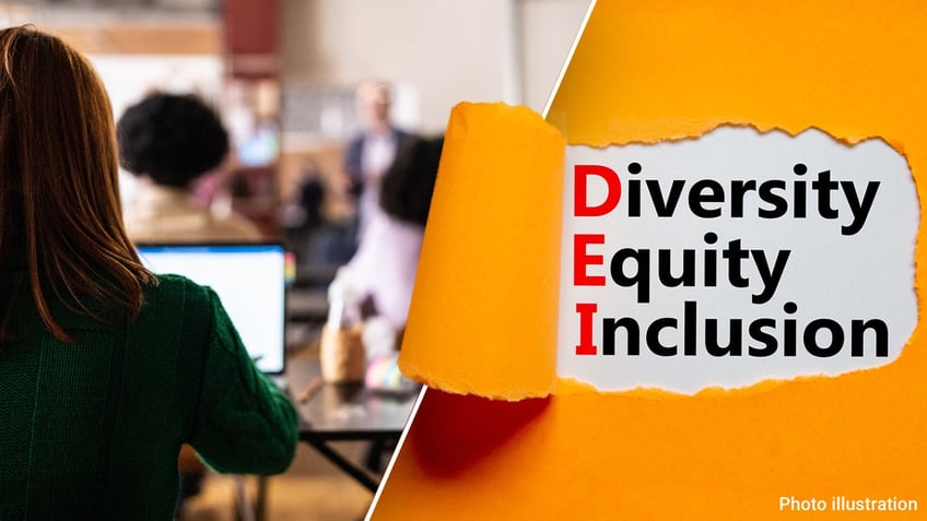 woman sitting in classroom with laptop next to words "diversity equity inclusion"