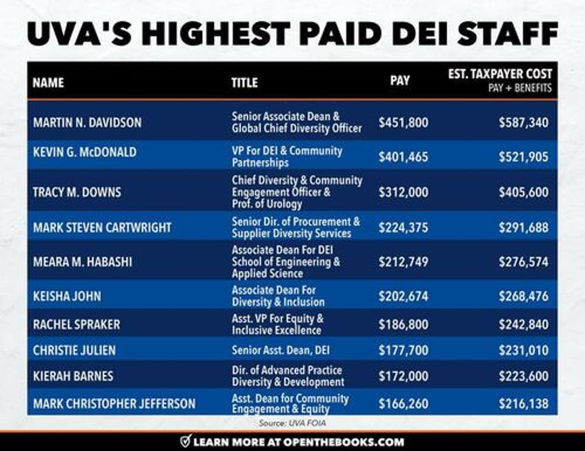 university of virginia spends 20 million on 235 dei employees with some making 587340 per year