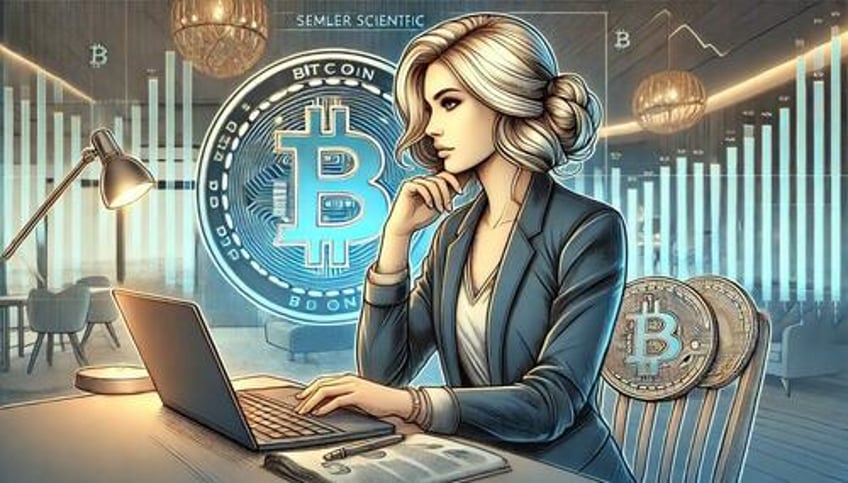 A woman researching Semler Scientific and Bitcoin. 