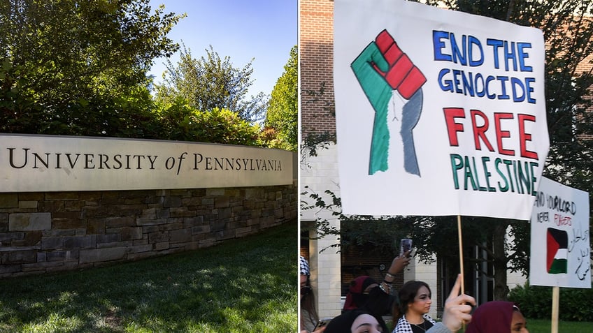 University of Pennsylvania sign and anti-Israel protesters