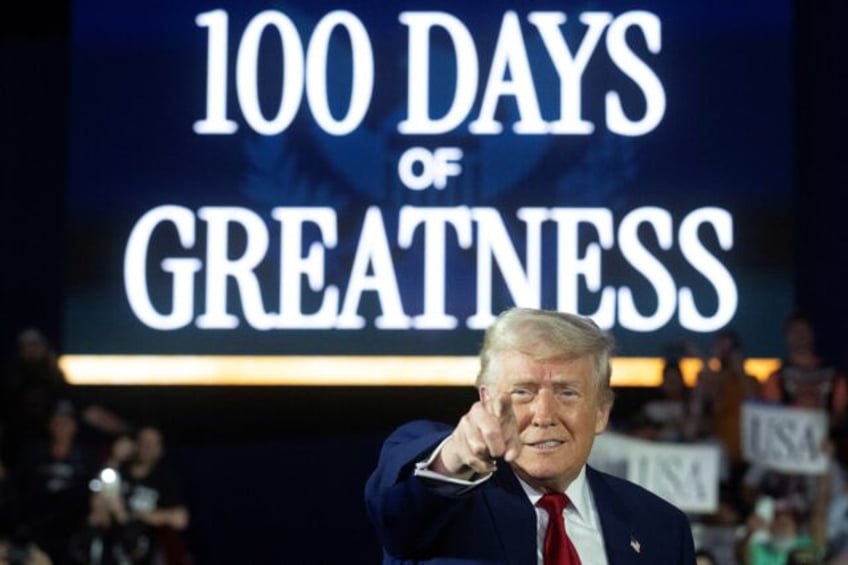 TOPSHOT - US President Donald Trump arrives to deliver a speech marking his 100th day in o