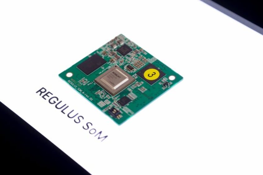 The Regulus SoM chip, an AI Accelerator, sits on display during the Consumer Electronics S