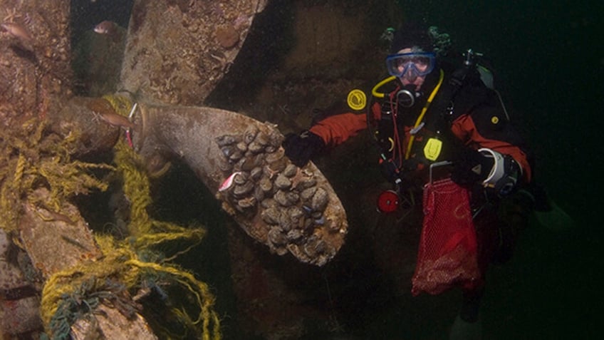 The propeller of the trawler Josephine Marie, which sunk 105 feet underwater upside down.