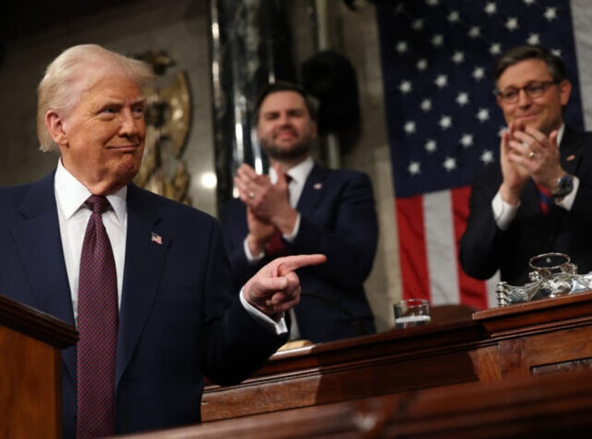 TOPSHOT - US Vice President JD Vance and Speaker of the House Mike Johnson (R-LA) applaud