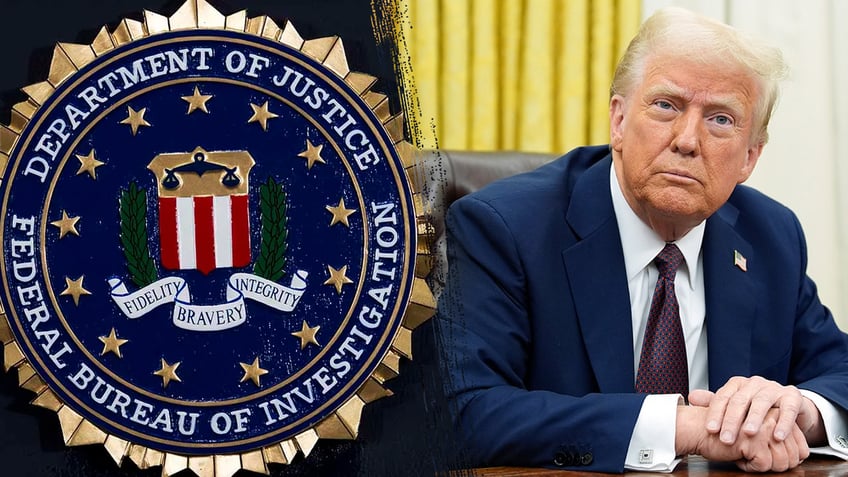 Trump and the DOJ logo. Getty Images.