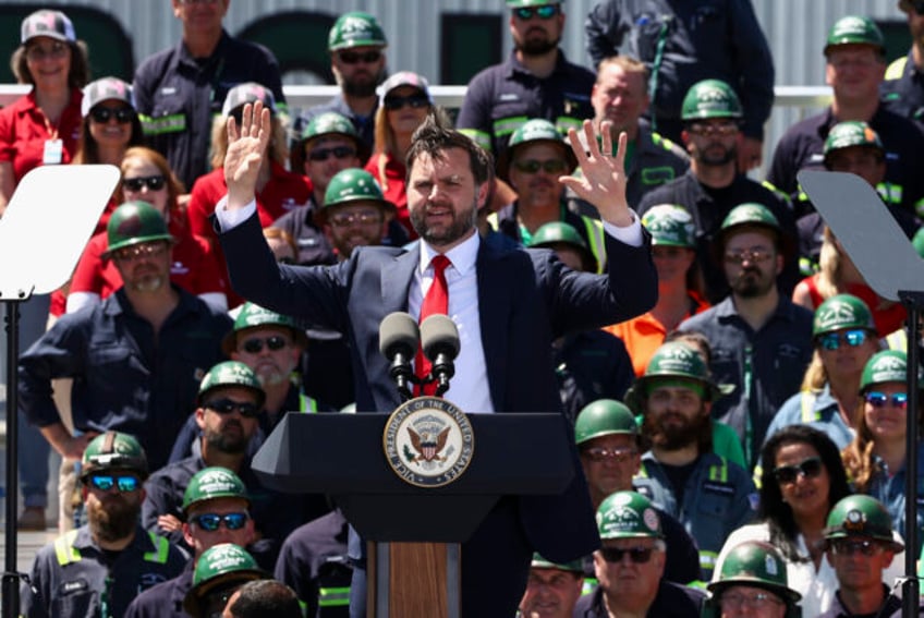 HUGER, SOUTH CAROLINA - MAY 1: U.S. Vice President JD Vance speaks as he visits Nucor Stee