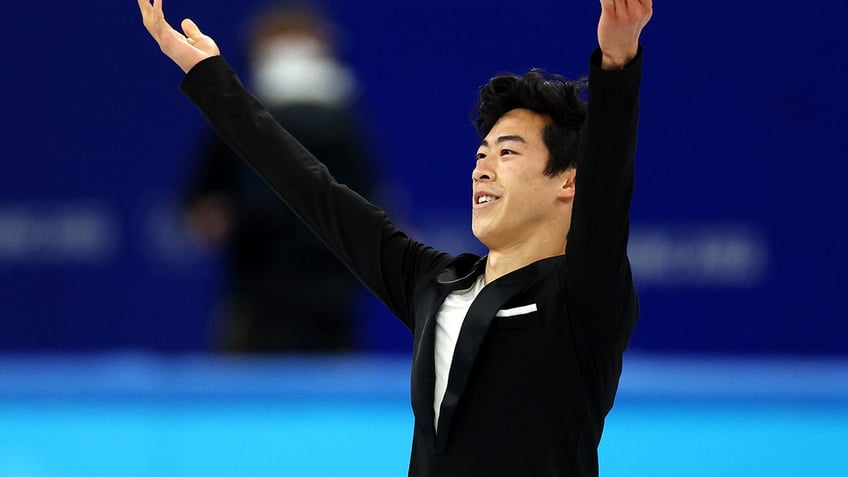 Nathan Chen of Team United States reacts in the Men's Single Skating Short Program Team Event during the Beijing 2022 Winter Olympic Games at Capital Indoor Stadium on February 04, 2022 in Beijing, China. 