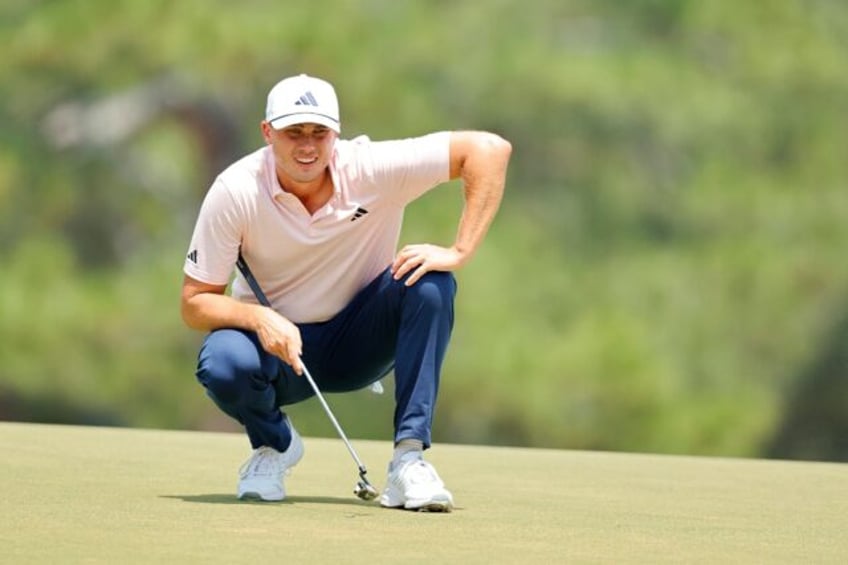 US Open 36-hole leader Ludvig Aberg of Sweden eyes a putt on the difficult greens of Pineh