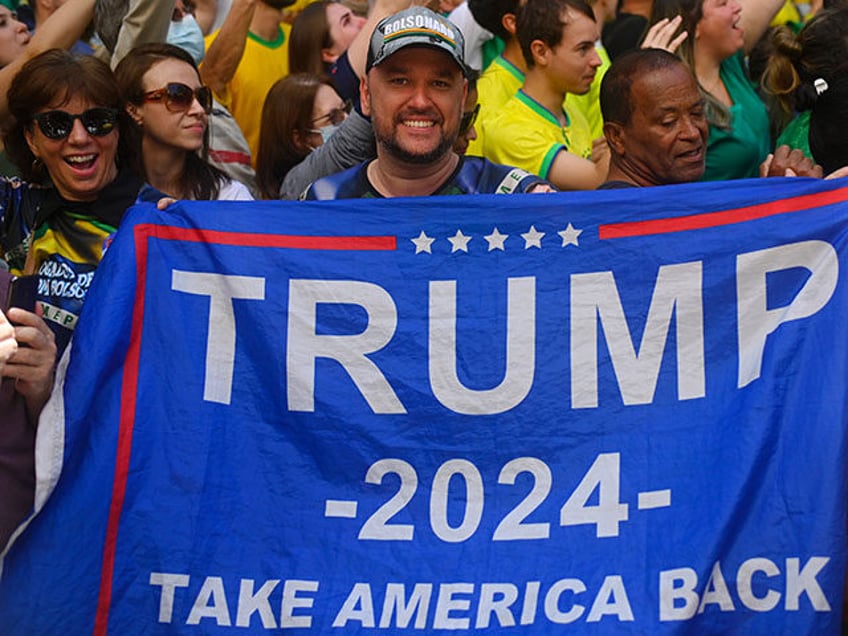 A supporter of Jair Bolsonaro holds a flag in support of former USpresident Donald Trump d