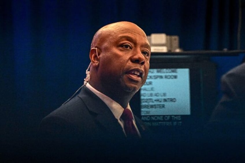 US Senator Tim Scott speaks to members of the media following the third Republican presidential primary debate on November 8, 2023