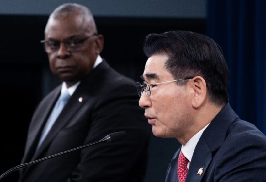 US Secretary of Defense Lloyd Austin and South Korean Defense Minister Kim Yong Hyun addre