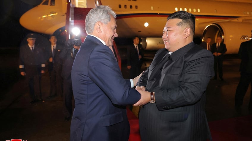 North Korean leader Kim Jong Un, right, meets with a delegation led by Secretary of the Security Council of Russia Sergei Shoigu on Sept. 14, 2024, just days before the Russian official traveled to Iran.