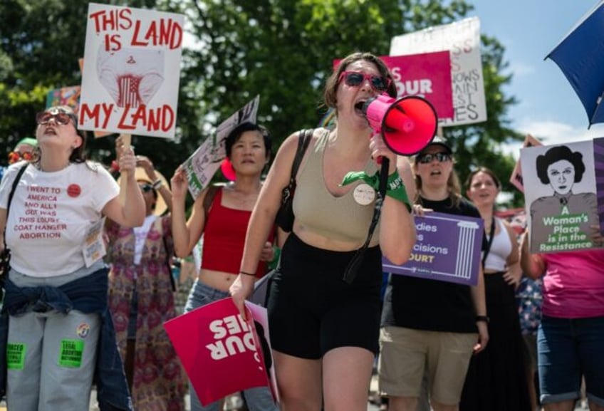 Abortion rights demonstrators rally to mark the first anniversary of the US Supreme Court