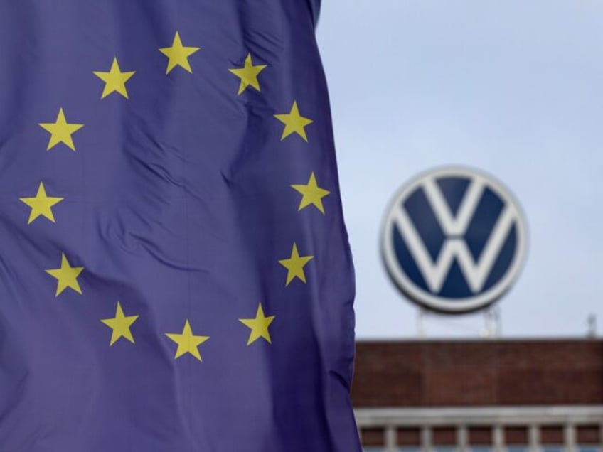 WOLFSBURG, GERMANY - NOVEMBER 15: The EU flag flies near the main administrative building