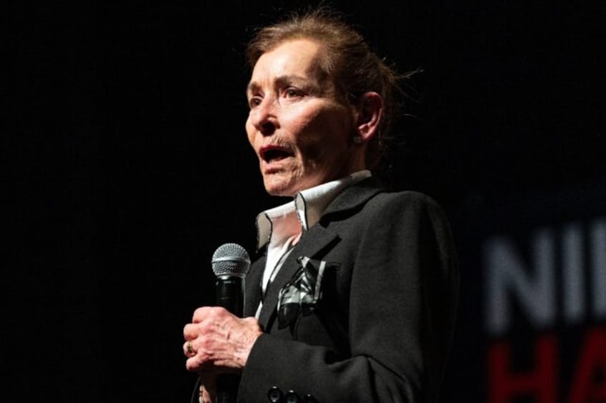 Judge Judy Sheindlin introduces Republican presidential candidate Nikki Haley during a campaign event at Exeter High School on January 21, 2024, in Exeter, New Hampshire