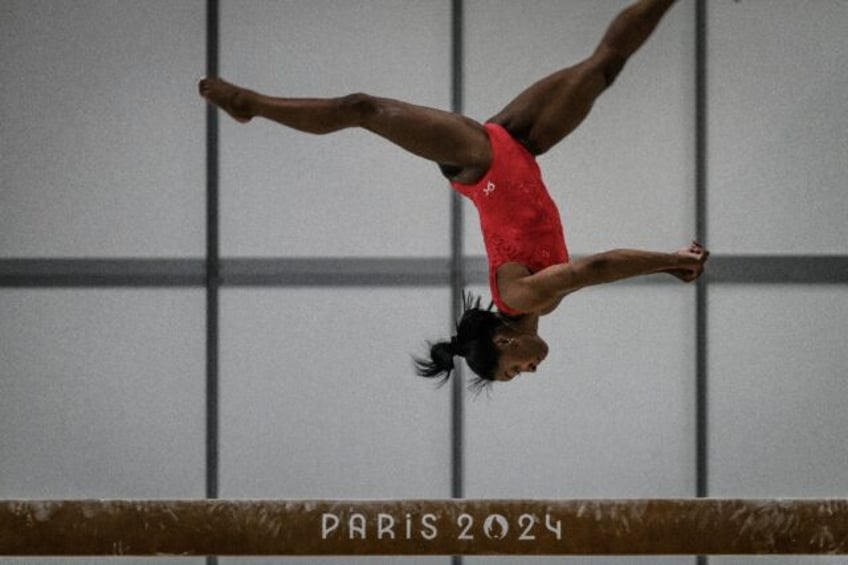 Simone Biles takes part in a training session in Paris ahead of the Olympics