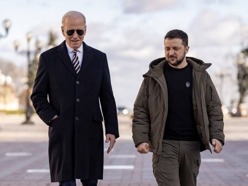 President Joe Biden and Ukrainian President Volodymyr Zelenskyy talk at the Walk of the Brave, Monday, February 20, 2023, during an unannounced visit to Kyiv, Ukraine. (Official White House Photo by Adam Schultz)