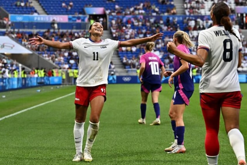 Sophia Smith celebrates after scoring the goal against Germany that took the United States