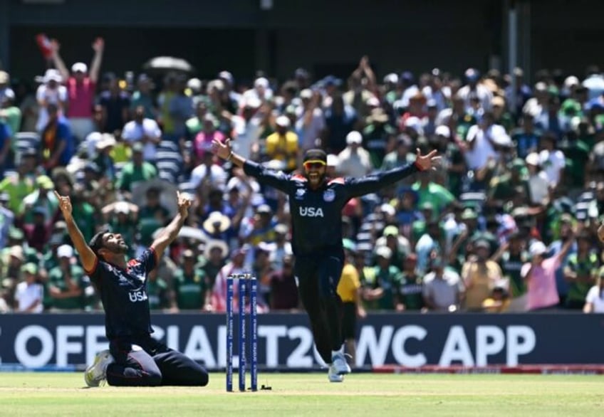 The USA's Saurabh Nethralvakar (left) celebrates after securing a shock win over Pakistan