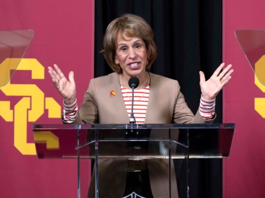 USC President Carol L. Folt, talks during a news conference to introduce Jennifer Cohen as