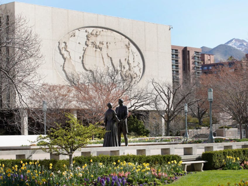 SALT LAKE CITY, UT - APRIL 04: A statue of the founder of the Mormon Church Joesph Smith and his wife Emma sit on the grounds at the world headquarters of the Church of Jesus Christ of Latter-Day Saints during the 190th Annual General Conference on April 4, 2020 in …