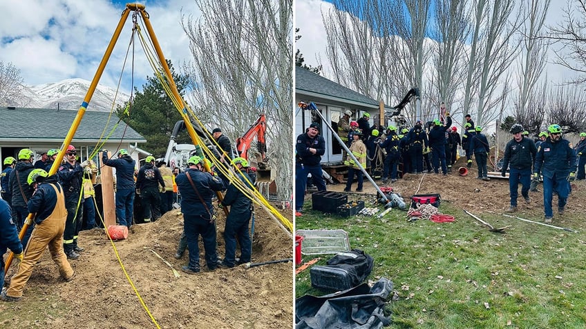 rescuers working to stabilize trench