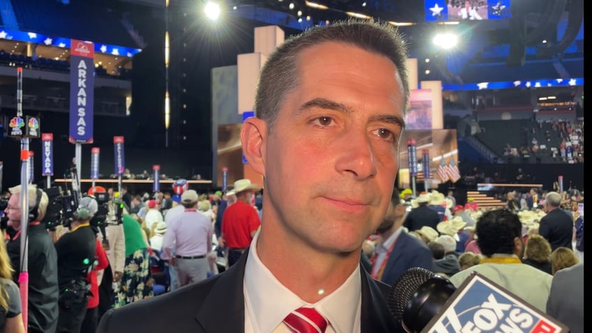 Sen. Tom Cotton of Arkansas is interviewed by Fox News Digital on the floor of the Republican National Convention on July 20, 2024 in Milwaukee.