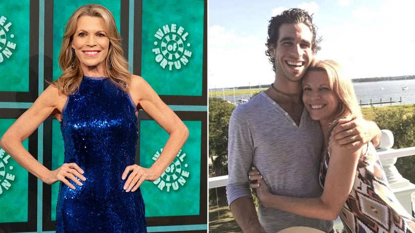 Vanna White posing on the Wheel of Fortune set side by side a photo of her and her son Nikko Santo Pietro