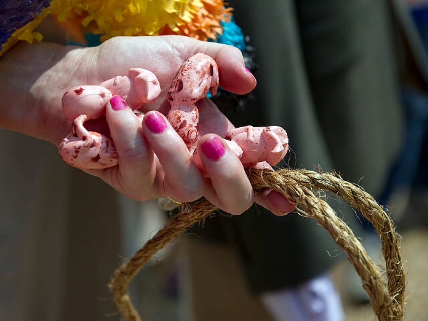 An anti-abortion activists holds plastic unborn fetuses during an event to "beat and hang"