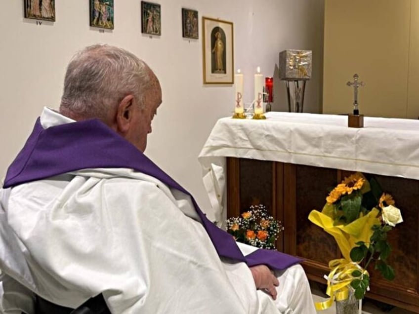 Pope Francis in the chapel of the apartment on the 10th floor of the Policlinico Gemelli.