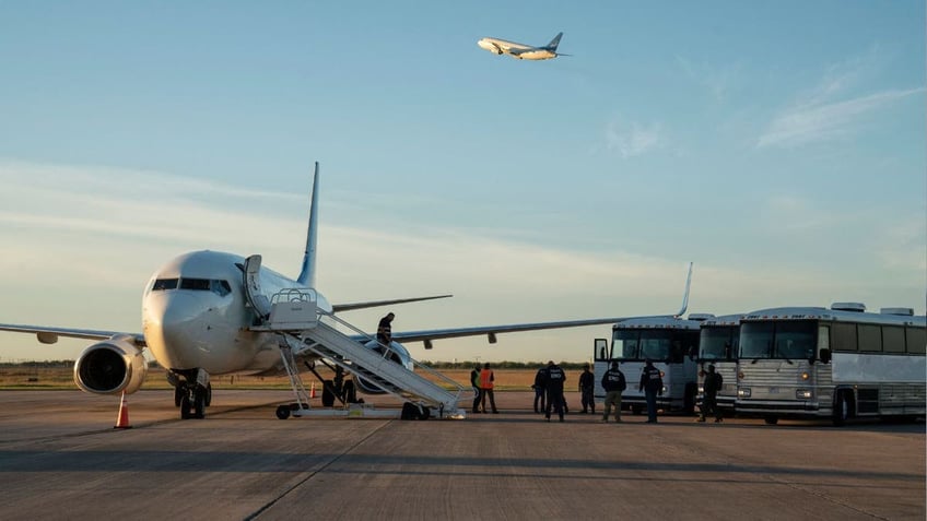 Buses transporting migrants to board a deportation flight