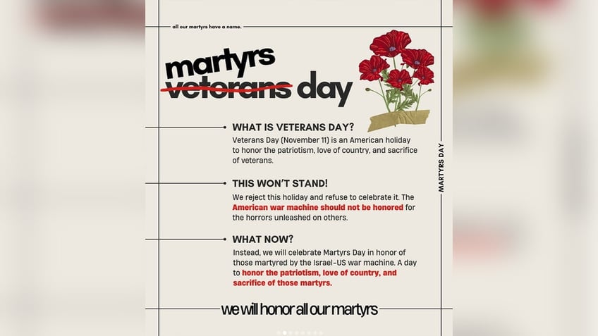 Flyer for anti-Veterans Day protest at Columbia University