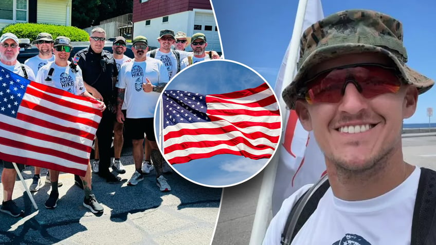 Veterans hiking and American flag