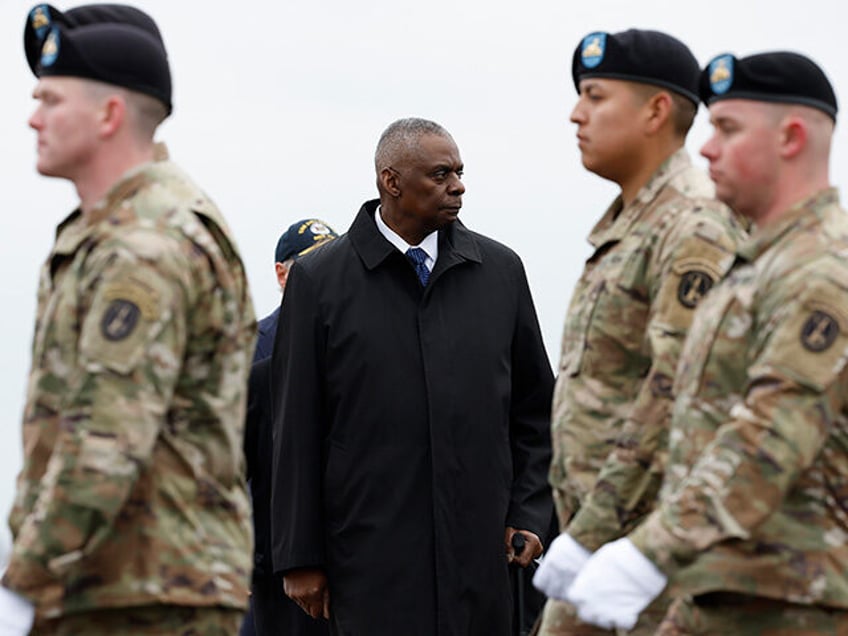 U.S. Secretary of Defense Lloyd Austin attends the dignified transfer for fallen service members U.S. Army Sgt. William Rivers, Sgt. Breonna Moffett and Sgt. Kennedy Sanders at Dover Air Force Base on February 02, 2024 in Dover, Delaware. U.S. Army Sgt. William Rivers, Sgt. Breonna Moffett and Sgt. Kennedy Sanders …