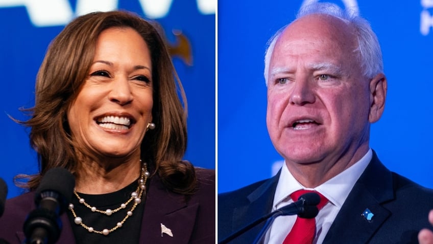 A split image of Kamala Harris and Gov. Tim Walz