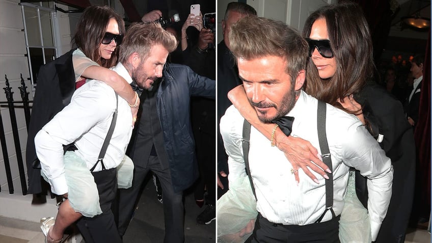 Side by side photos of David Beckham carrying Victoria Beckham on his back leaving her 50th birthday party