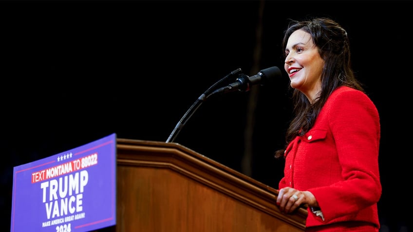 BOZEMAN, MONTANA - AUGUST 9: Montana Secretary of State Christi Jacobsen speaks during a rally for Republican presidential nominee, former U.S. President Donald Trump on August 9, 2024 in Bozeman, Montana.