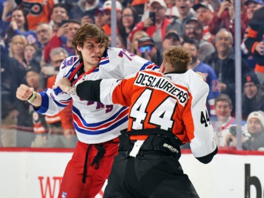 of the Philadelphia Flyers of the New York Rangers at the Wells Fargo Center on February 2